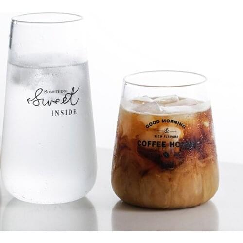 Creative glass mugs ins popular transparent clear round juicy water mug words printed 450ml 540ml simple Europe style cups