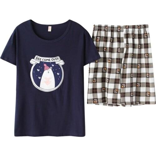 Summer Cotton Women Pajamas Set Cartoon Pyjamas Womens Short Sleeve Round Neck Casual Soft Sleepwear Plus Size Female Homewear