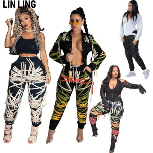 LINLING Trend Dark Black Ribbon Fashion Street Style Villain Clothes Pants Tied Up Black Loose High Waist Pants