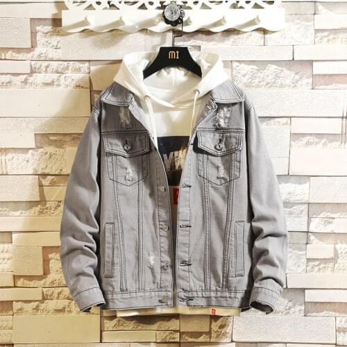 Men Grey Denim Jacket 2020 Mens Autumn Casual Hip Hop Turn-down Collar Denim Jacket Coat Jaqueta Jeans Masculina Chaqueta