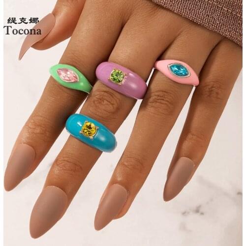Tocona Colorful Crystal Stone Ctue Ring Sets for Women Girls Charms Dripping Oil Alloy Metal Wedding Jewelry Accessories Anillo