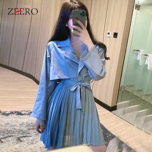 Autumn Women Casual Long Sleeve Noched Collar Sashed Mini Pleated Dress Elegant Female Fake Two Piece Set Party Dresses Vestidos