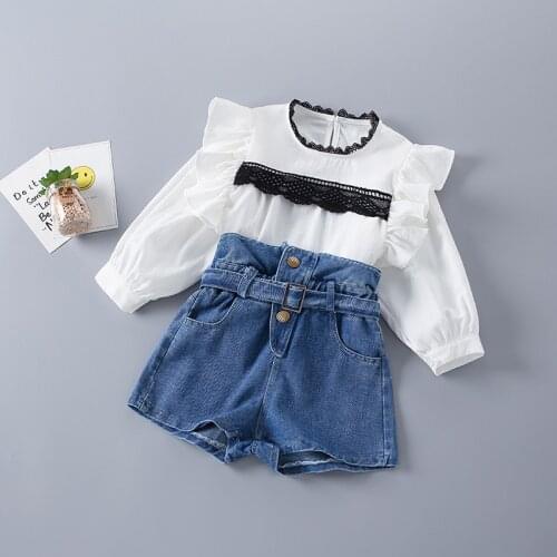 2-7 Years High Quality Spring Girl Clothing Set 2021 New Fashion Casual Lace Shirt + short Jeans Kid Children Girls Clothing