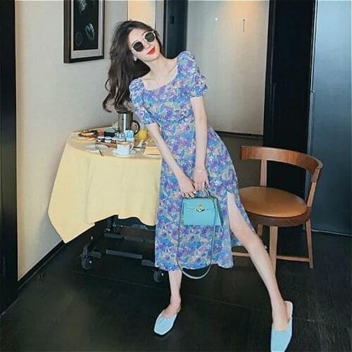 Dress Women Short Sleeve Elegant Summer Dresses Design Lovely Aesthetic Print Vintage Ins Square Collar Side Slit Artistic Party