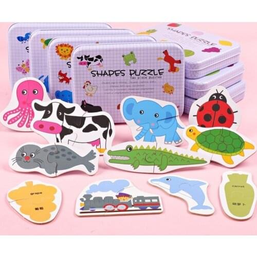 Educational Puzzle Toy Animal Fruit Vegetable Vehicle Insect English Cognitive Cards Iron Box Cards Baby Kids Matching Game Toys