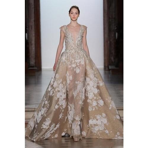 Champagne Prom Dresses With Detachable Train Deep V Neck Lace Beaded Evening Gowns Cap Sleeve Vintage Custom Party Dress