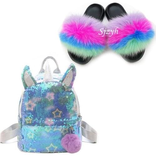 Womens Summer Cartoon Backpack Childrens Luxury Fluffy Fur Slippers Girl Fox Fur Slides Kids Bling Schoolbag Furry Sandals Hot