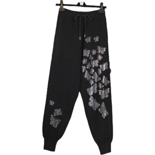 Harem Pants Womens Butterfly Diamonds Printing Rhinestone Korean Fashion Elastic Waist Hot Drilling Black Loose Baggy Trousers