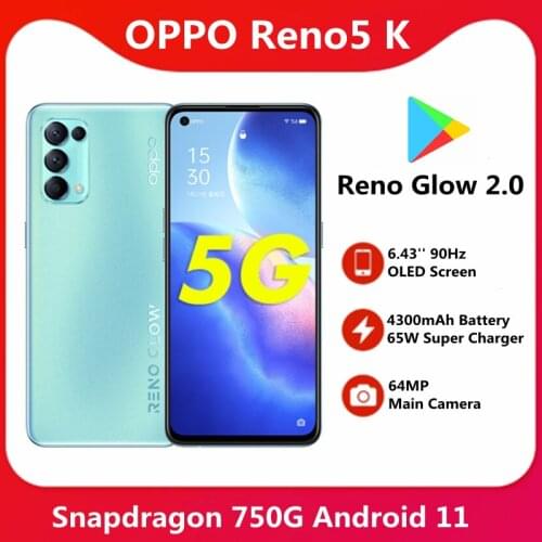 Original OPPO Reno 5K 5G Smart Phone 6.43'' 90Hz OLED Screen Snapdragon 750G 4300mAh Battery 64MP Main Camera Mobile Phone