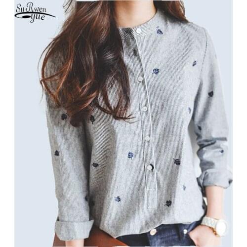 Embroidery Striped Stand Collar Women Blouse New 2021 Spring Summer Fashion Shirts Plus Size Women Blouses Feminina 100F 37