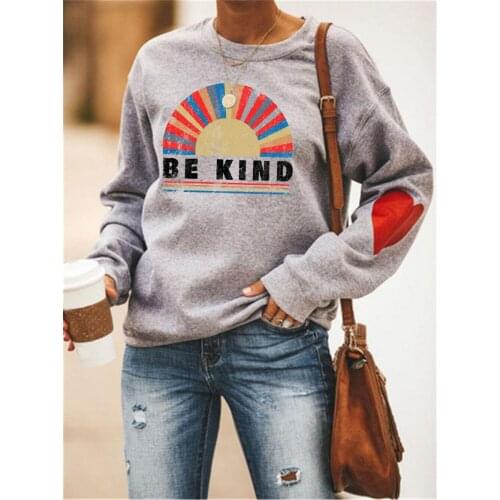 BE KIND Letter Print Rainbow Women Hoodies O-neck Long Sleeve Arm Love Heart Sweatshirt Aesthetic Oversized Kpop Pullover Hoodie