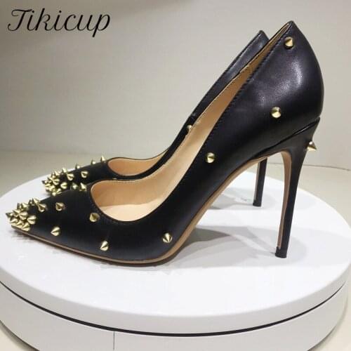 Tikicup Black Matte Women Golden Spikes Sexy Stiletto Pumps Pointy Toe Extremely High Heel Shoes for Wild Ladies Size 33 44 45