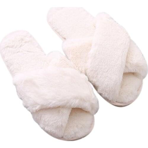 40GC Womens Winter Cross Fluffy Plush Home Slippers Indoor Fuzzy Warm Solid Color Flat Shoes House Open Toe Slide Sandals