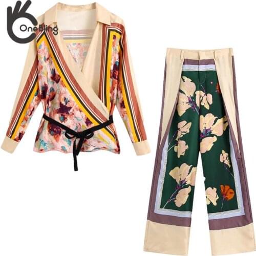 OneBling 2021 Za Woman Casual Traf Thin Summer Printed Wrap Front Belted Loose Shirt + Long Pants Suits Female 2 Piece Sets