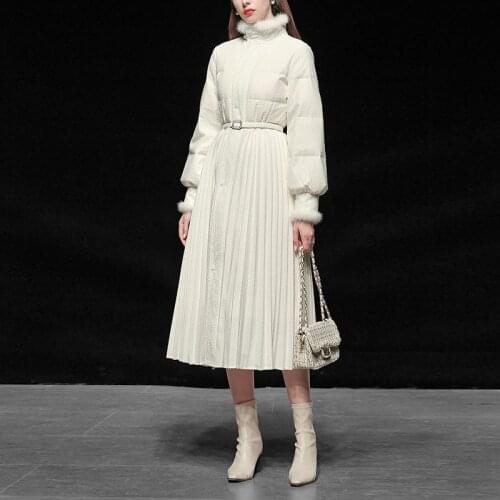 Women Winter Down Coat With Belt Elegant White and Black Slim Vintage Pleated Coats and Jackets Fur Collar