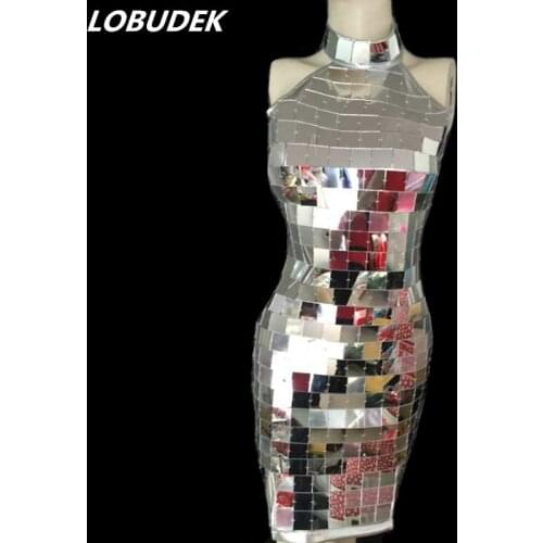 Silvery Sequins Skinny Reflective Mirrors Sleeveless Dress One Piece Female Modern Dance Singer Nightclub Concert Stage Costumes
