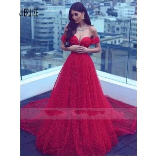 JIERUIZE Red Wedding Dresses Off Shoulder Lace Up Back Long Elegant Tulle Bridal Gowns A Line vestido de novia