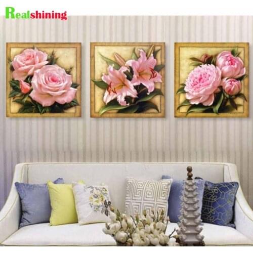 3 panels Pink Rose diamond painting Full Square,round diamond,rhinestone painting,Diamant Painting Mosaic Triptych Peony N1843