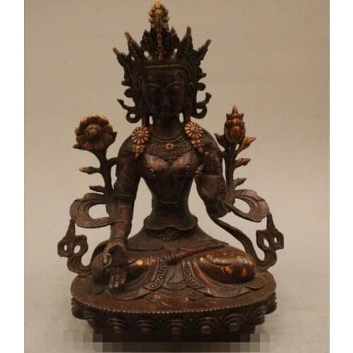 Free shipping S03370 11" China Chinese Buddhism Pure Bronze Seat White Tara Goddess Buddha Statue