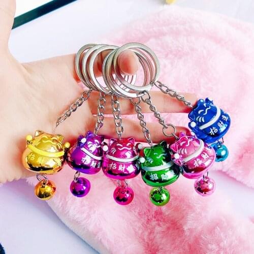 Lucky Cat Key chain 6Colors Charm Anime Cat With Bell Key-ring For Women Wallet Accessories Cute Cartoon Girl Bag Car Key Holder