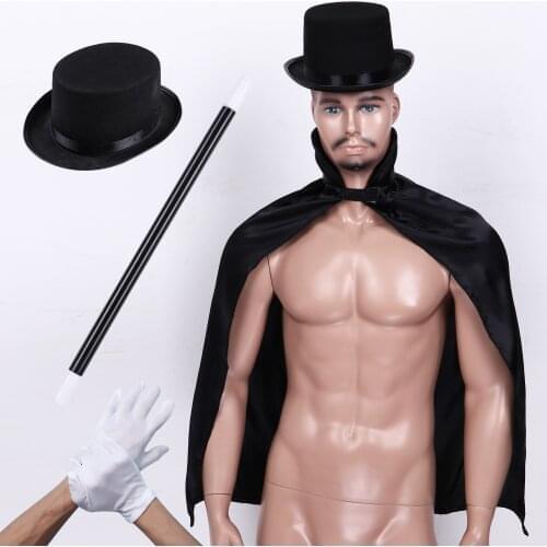 Kids Magician Role Play Cosplay Costumes Outfit Set Halloween Magician Dress Up Top Hat Magic Cape Magic Wand White Gloves