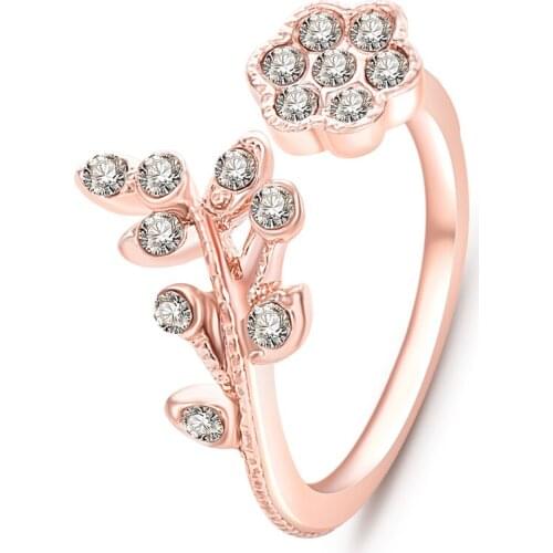 Korean Twisted Leaves Flower Rhinestone Open Ring Rose Gold Color Finger Ring For Women Statement Adjustable Ring Wholesale