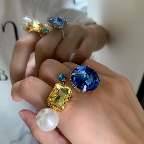 Korean Charms Candy Color Crystal Rings for Women Metal Vintage Elegant Fashion Y2K Rings Jewelry 90s Style Friendship Gifts New