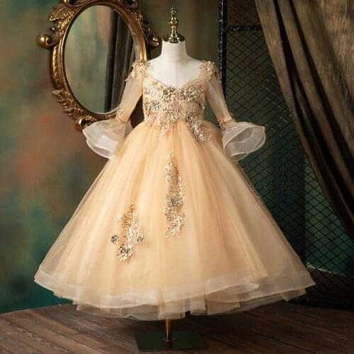 Flower Girl Dresses Illusion Crystal Pearls Embroidery Full V-Neck Princess Floor-Length Tulle Lace Luxury Kids Party Gown H631