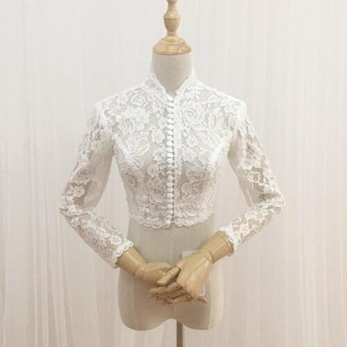 Lace Long Sleeve High Neck Jacket White Bolero Bride Jacket Single Breasted Appliqued Handmade Temperament Wedding Prom Boleros