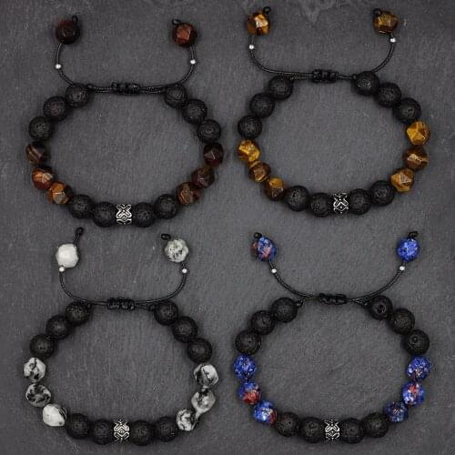 Lava Geometry Stone Beads Bracelet Braided Adjustable Stainless Steel Cross Healing Balance Beads Yoga Bracelet For Mens Women