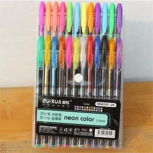 24pcs Set Neon Color Ink 1mm Gel Pen Artist Art Drawing Painting Glitter Pastel Pen Marker Stationery School Office Supply