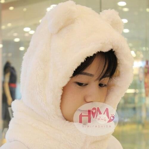 2019 New Fashion Cotton Warm Animal Hoodies Hat Scarf White Fluffy Warm One Piece Set Cute Bear Winter Caps For Women Girls