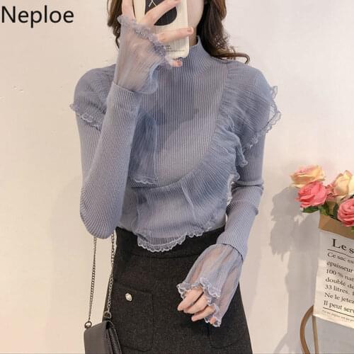 Neploe Fall 2021 Women Lace Patchwork Ruffles Sweaters New Korean Clothes Half Turtleneck Slim Fit Knit Pullovers Sweet Sueter