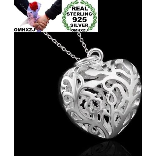 OMHXZJ Wholesale Personality Fashion Woman Girl Party Gift Silver Hollow Heart 925 Sterling Silver Charm Pendant Necklace CH62
