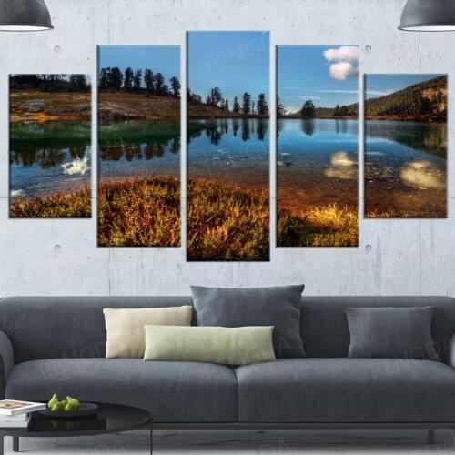HD Prints Forest Poster 5 Panel Mountain Canvas Painting Wall Art Modular Lake Pictures Frame Home Decoration For Living Room