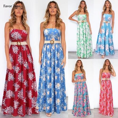 Women Sexy Spaghetti Strap Floral Print Long Dresses Summer Bohemian Slash Neck Slim Sashes A-line Elegant Vintage Boho Dress