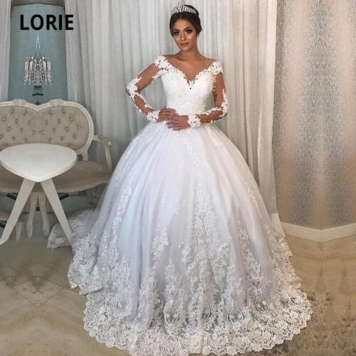 LORIE Luxury Ball Gown Wedding Dresses V-Neck Long Sleeves Appliques Lace Custom Made Wedding Bridal Gown 2021 suknia slubna