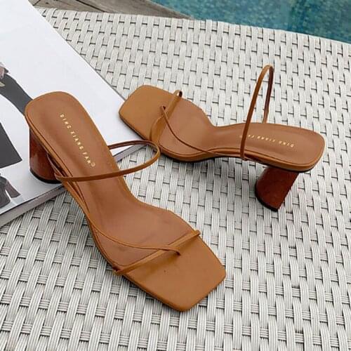 Wood Heels clip toe sandals women narrow band gladiator sandales chunky high heels shoes woman flip flops european sandalias2020