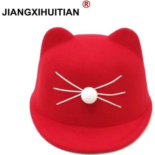 1-8 year old Wool Girls Fedora Hat Winter Black Devil Horns Cute Cat ear animal Derby Bowler lovely Cap for Childrend Gift