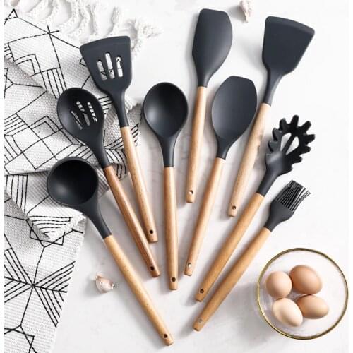 9Pcs/Set Silicone Spoon Spatula Brush Ladle Turner Brush Wooden Handle Cookware Kitchen Baking Tools Cooking Utensil Gadgets