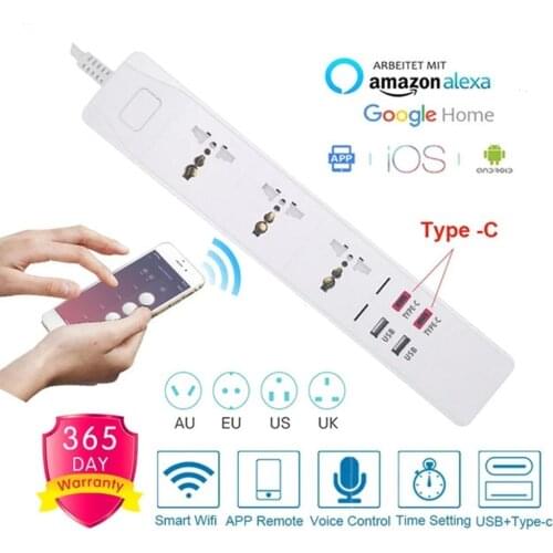 Wifi Universal Smart Power Strip 3 Outlets Socket 2 USB 2 Type-c 3.0A Quick Charge Voice Control for Alexa Google Assistant