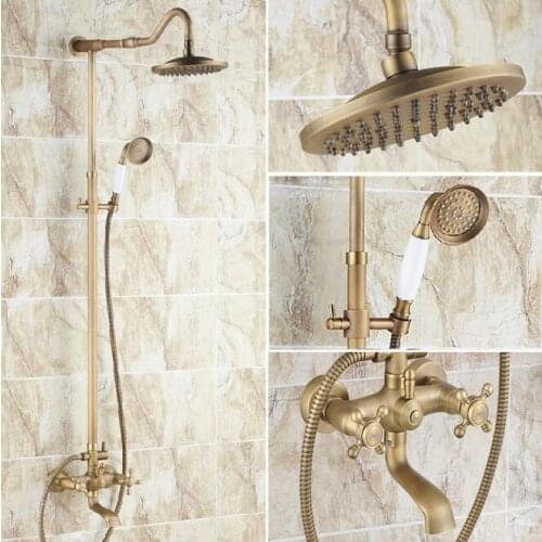 Vintage Retro Antique Brass Dual Cross Handles Bathroom 8 Inch Round Rain Shower Faucet Set Tub Mixer Tap Hand Shower mrs106