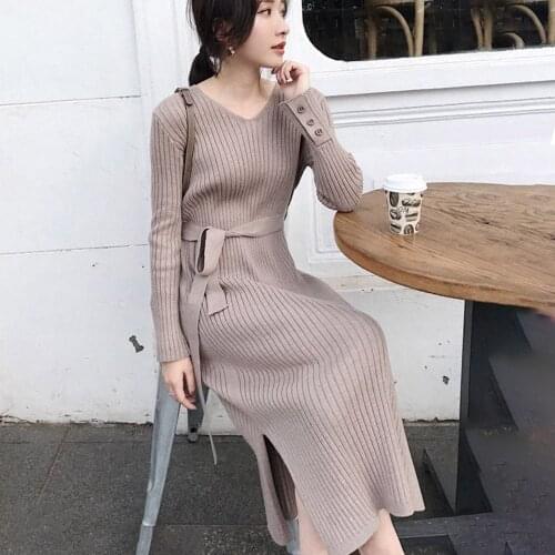 Retro Autumn Sweater Dresses Women Korean 2020 Winter Female Pullover Split Moderate Minimalist pure A-Line Mid-Calf Long dress
