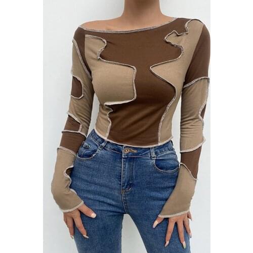 New Women Sexy Casual Patchwork Pullover Brown Long Sleeve Close-fitting Crop Tops S/ M/ L/ XL
