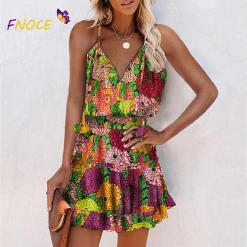 FNOCE 2021 Summer New Womens Clothing V-neck High-Looking Hollow Decorative Flowers Printing Slip Dress Womens