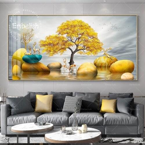 1 Pieces Simple Style Golden Trees And Stones Modern Landscape Wall Art Pictures For Living Room Posters HD Canvas Paintings