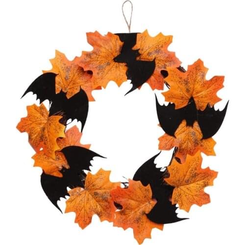 E7CB 10inch Halloween Maple Wreath Artificial Maple Leaf Bat Vine Garland Door Hanging Pendant for Party Thanksgiving Harvest
