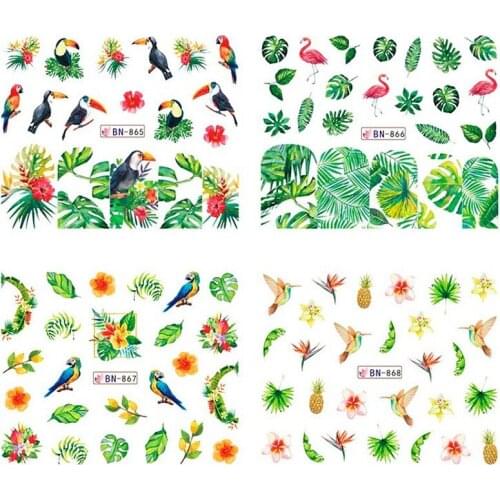 12 Sheets Nail Art Water Transfer Decals Bird Flamingo Rose Flower Cactus Pattern Decals Stickers Wraps For Tip Decoration BN865
