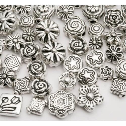 70-80 pcs)Mix Size Metal Beads Silver Plated Flower Spacer Beads For Jewelry Making DIY Bracelet 4.8mm-10mm Hole