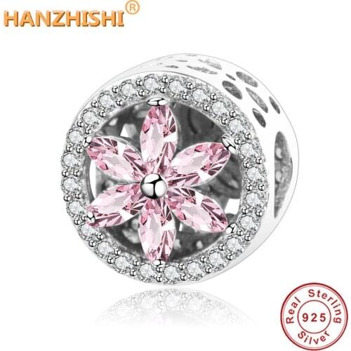 925 Sterling Silver Flower Charm Beads With Pink Clear CZ Fit Original pandora Charm Bracelet Jewelry Making berloque Accessory
